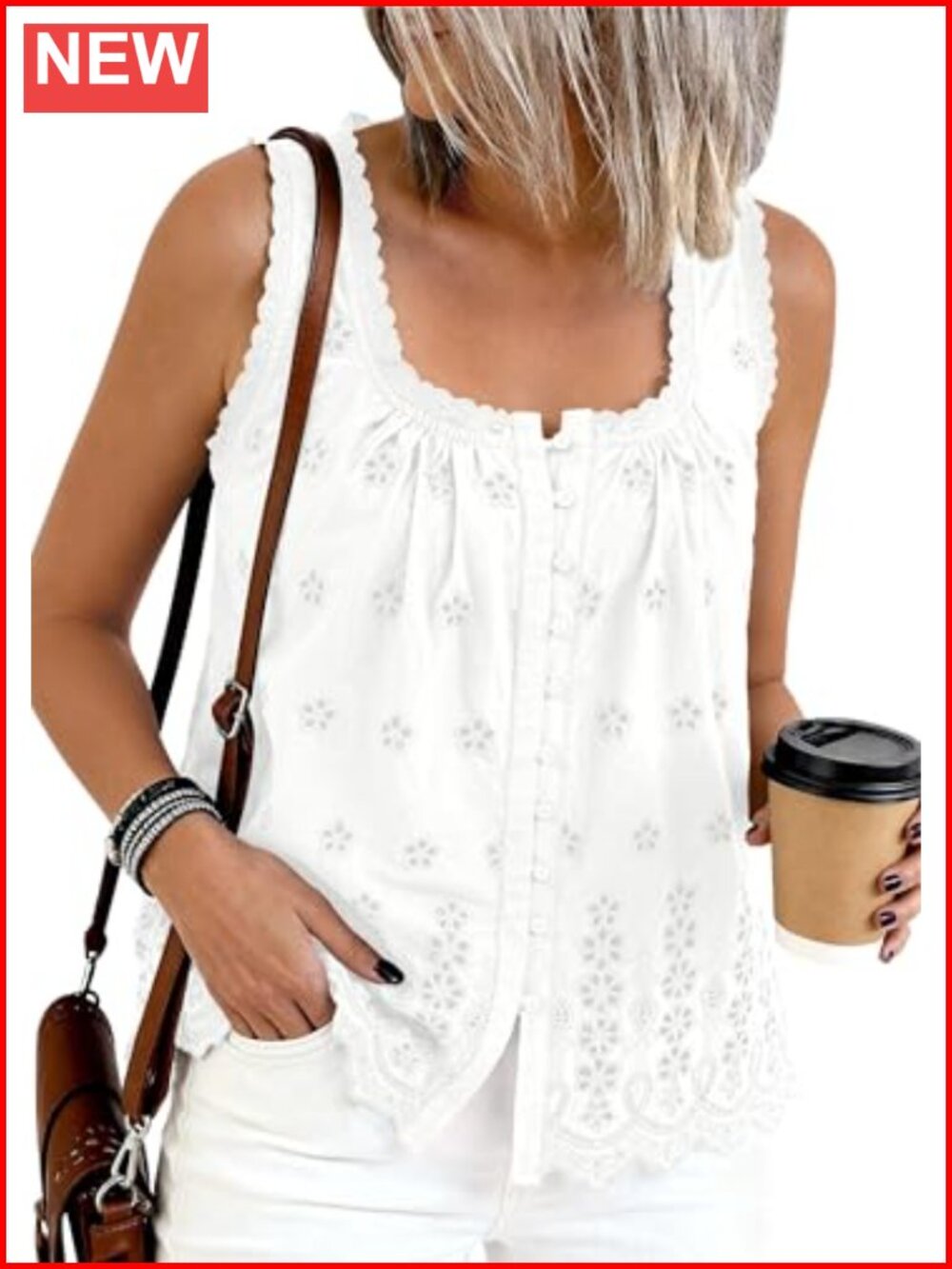 Women's Lace Tank Top Eyelet Embroidery Square Neck Button Front